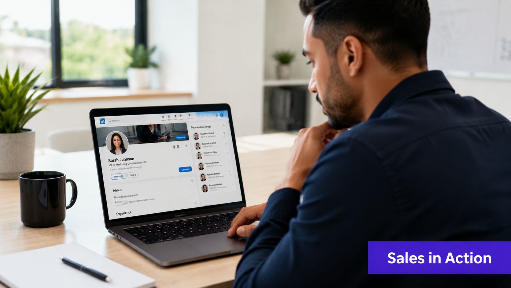 A professional man looks at a LinkedIn profile on his laptop in a modern office environment.