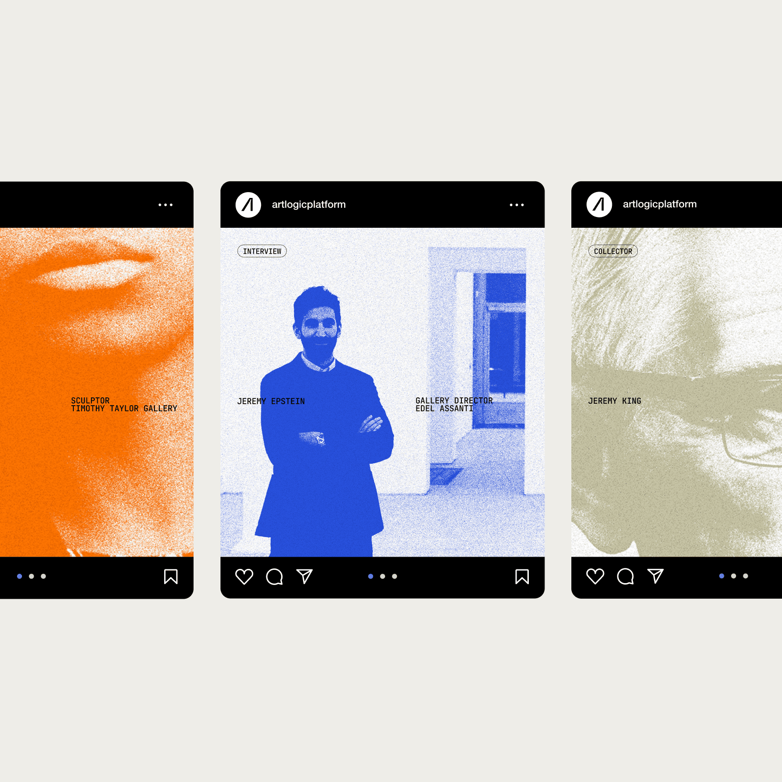 Three digital screens featuring stylized images: one in orange, one in blue with a person, and one in beige.