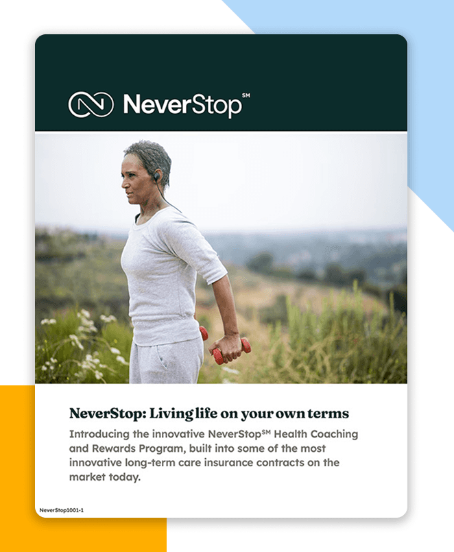 arketing brochure for the NeverStop health coaching program, showing an active woman exercising outdoors to represent science-based wellness included with Bridge.