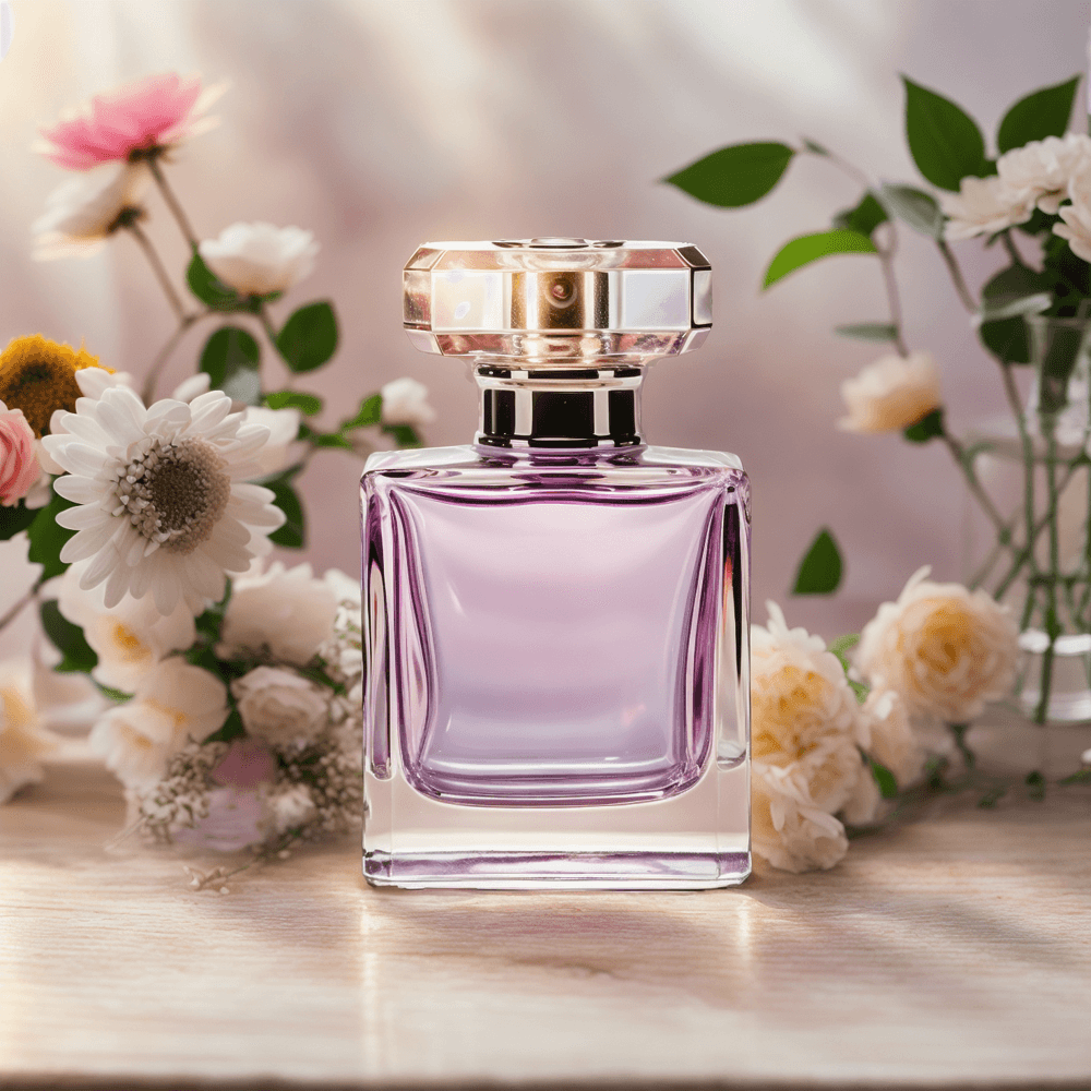 Bottle of perfume on a marble table. Image generated by AI using Fuzer