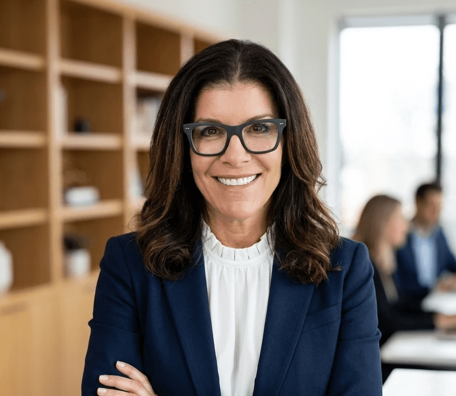 A young woman with long hair smiles while standing against a green backdrop, wearing a casual dark sweater.