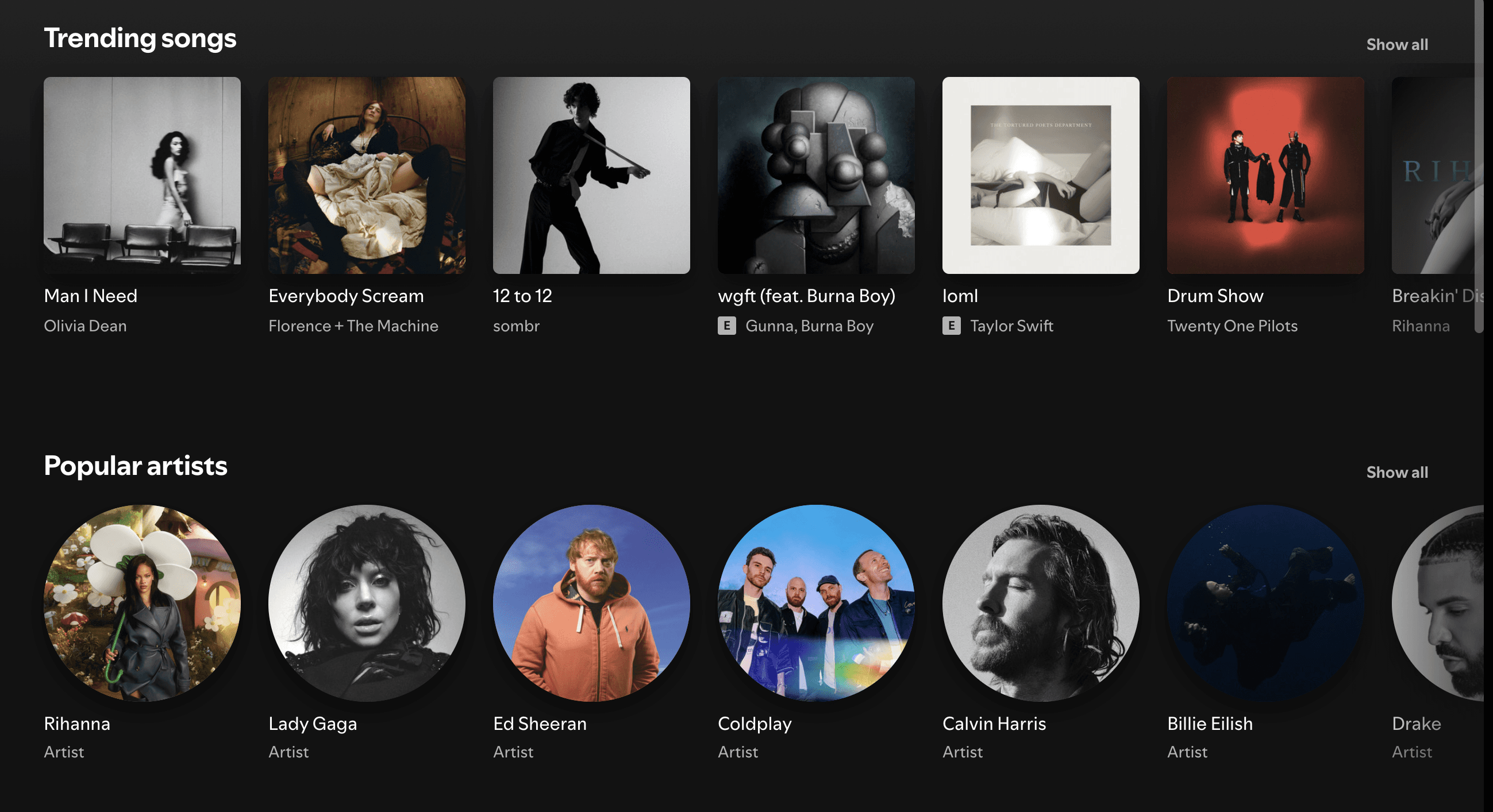 Spotify homepage screenshot
