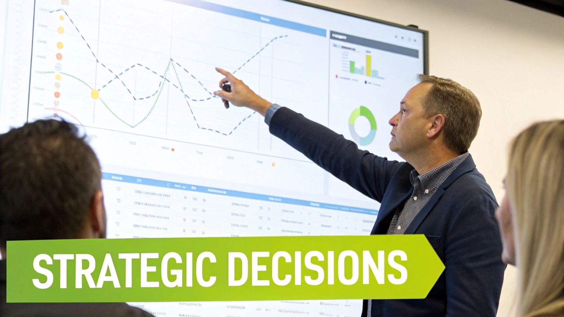 Businessman points to a digital display showing graphs and data, discussing strategic business decisions with colleagues.