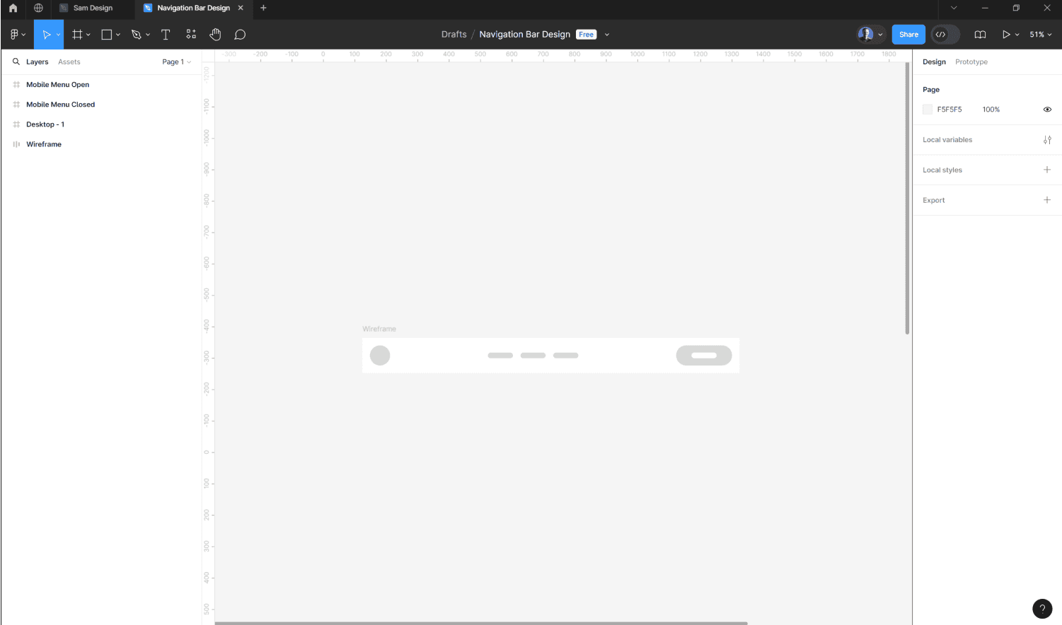 A screenshot of Figma's UI showing a wireframe nav bar