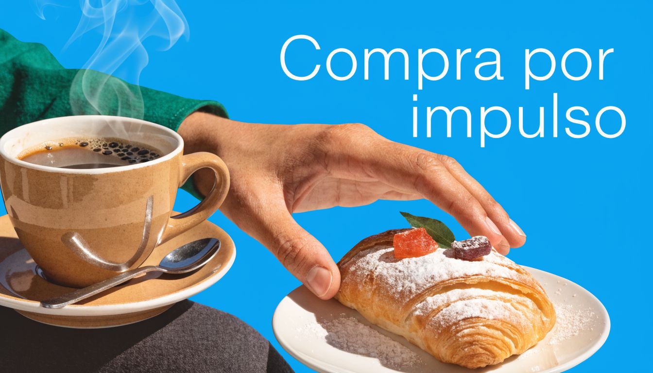 Una mano humana alcanza un croissant espolvoreado con azúcar junto a una taza de café caliente.
