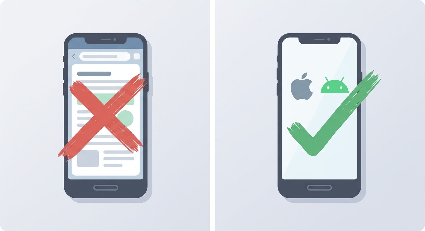 Comparison showing WebView wrapper rejected vs native iOS and Android approved