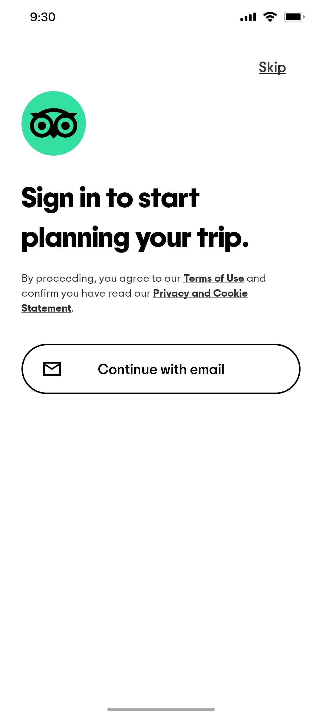 Tripadvisor Continue with email screen