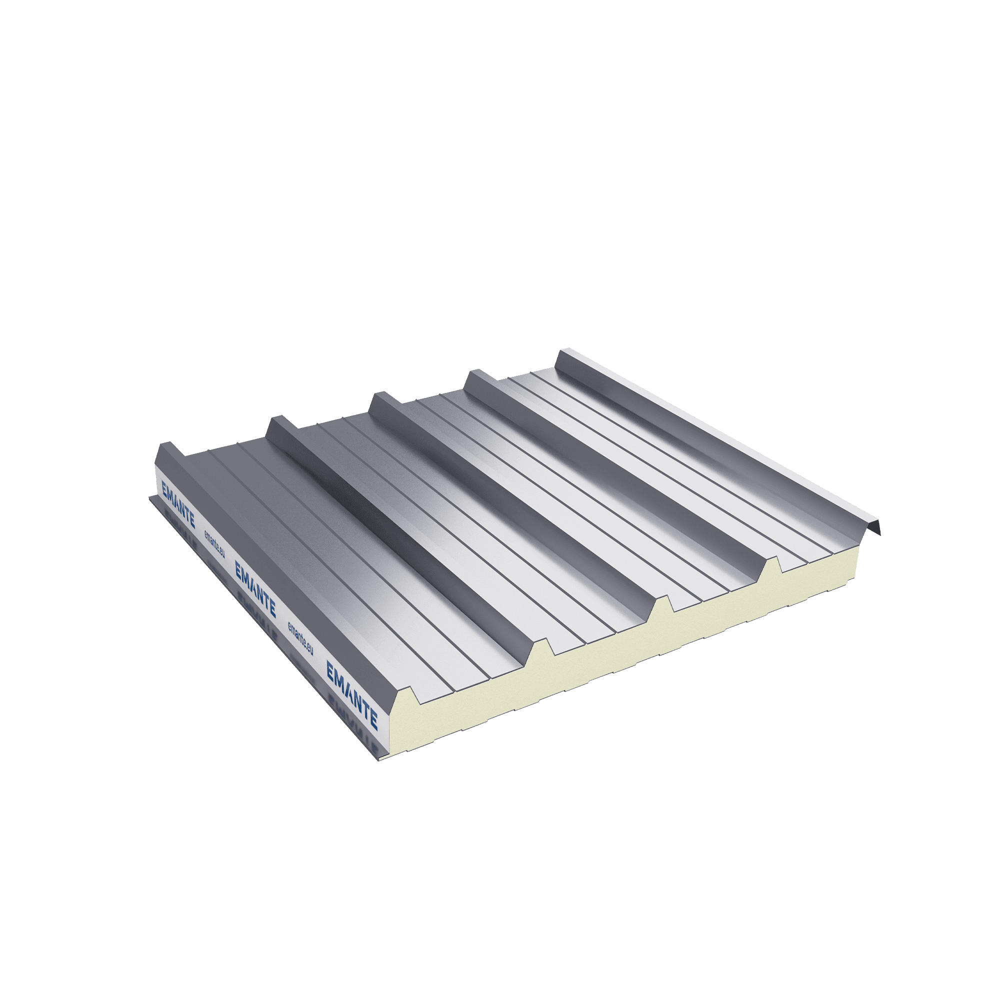 E-Roof insulated roof sandwich panel with 5-ridge profiled grey metal surface, Emante branded edge