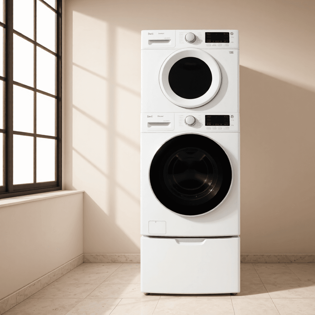 product photography of a stacked washer and dryer unit