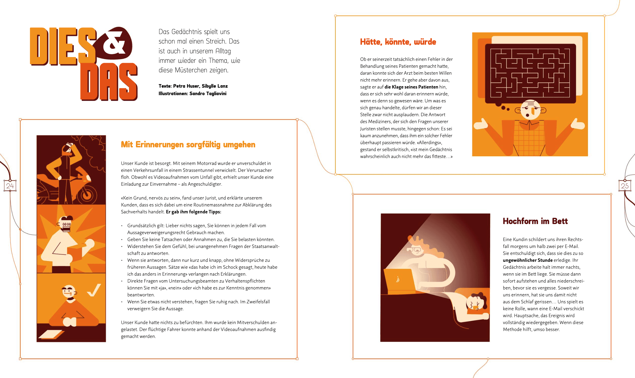 Magazine illustrations supporting insurance customer testimonials.