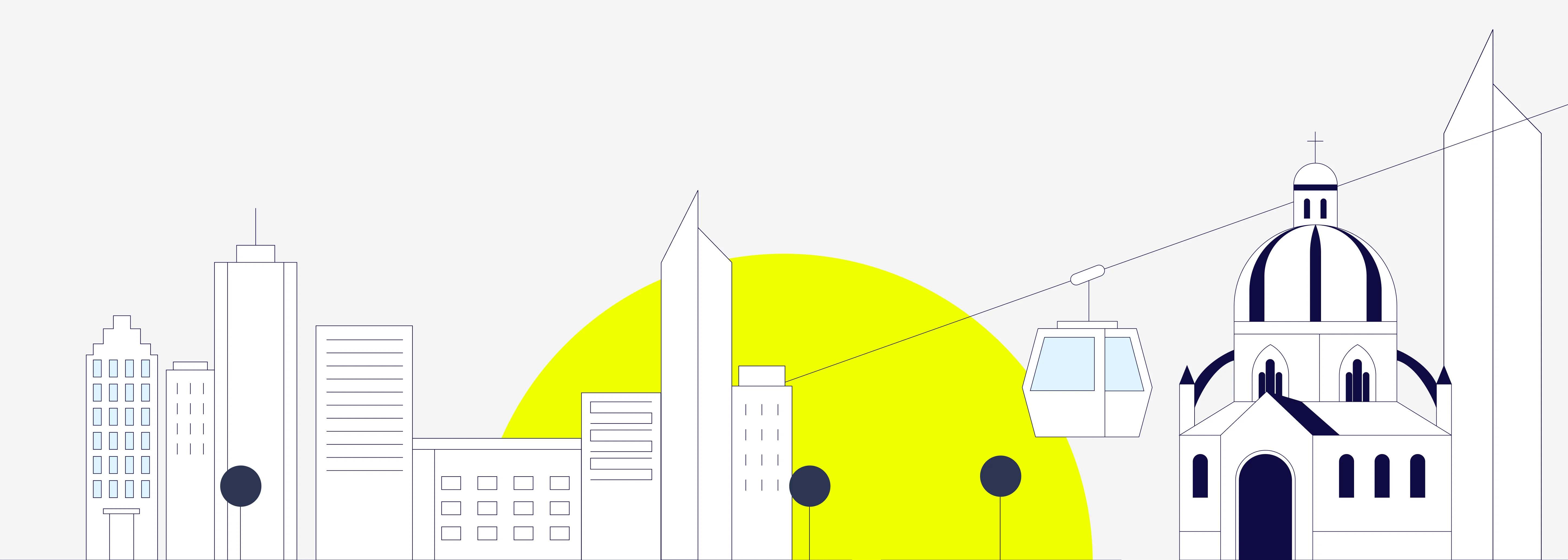 Ilustración lineal del skyline de la ciudad de Medellín con edificios, el Metrocable y un gran sol amarillo de fondo.