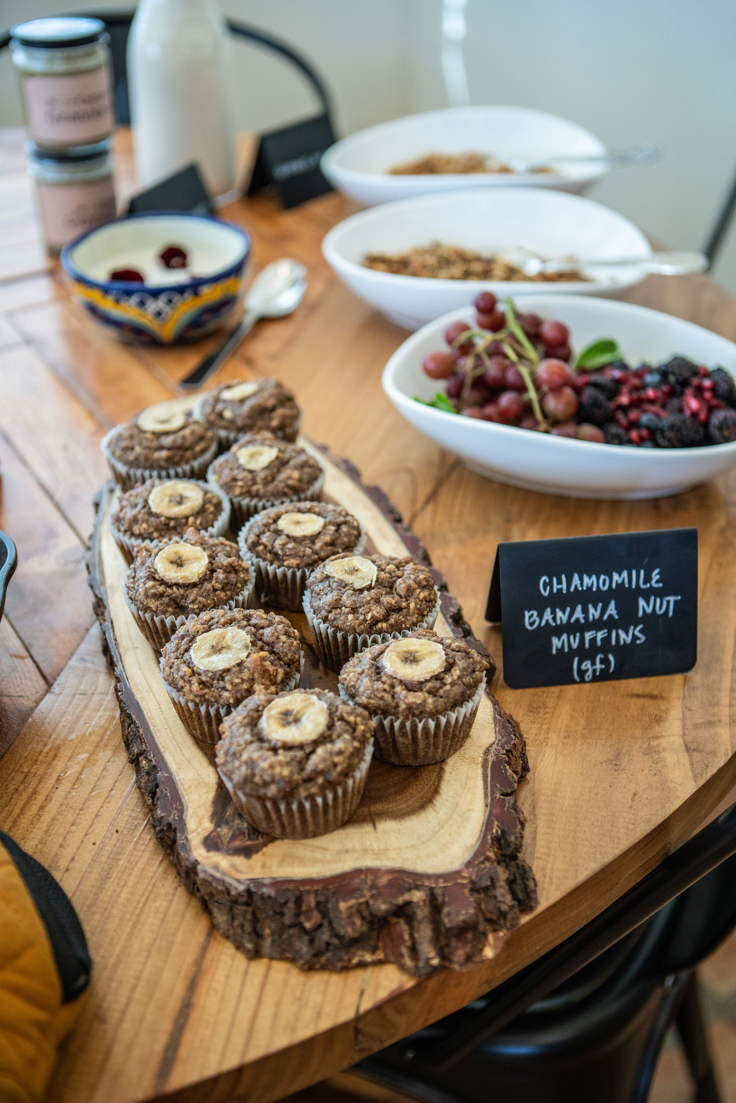 Banana nut muffins displayed on a serving plate, part of the retreat’s food offerings.