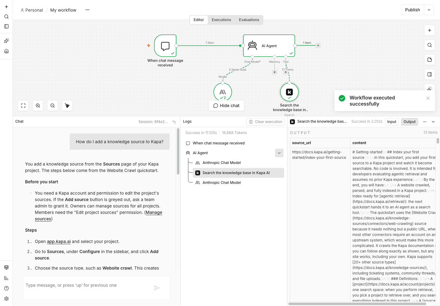 An n8n AI Agent with the Kapa AI tool answering a question from the knowledge base