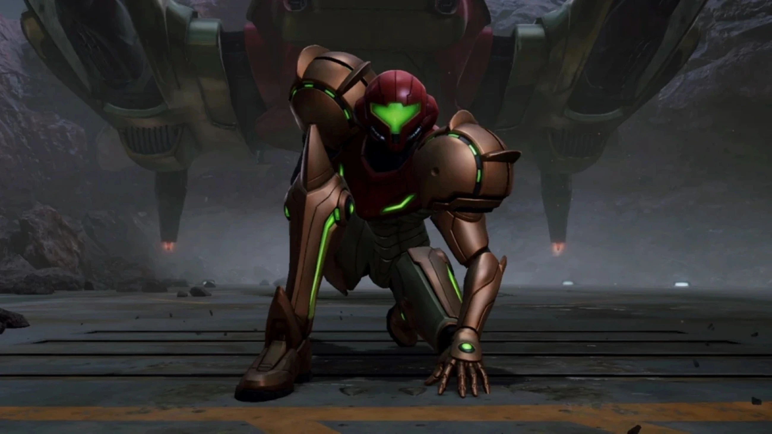 A futuristic, armoured character with a red helmet and green accents kneels in a dramatic pose on a metallic platform, with a large spacecraft looming in the misty background, exuding an atmosphere of action and adventure in a science fiction setting.