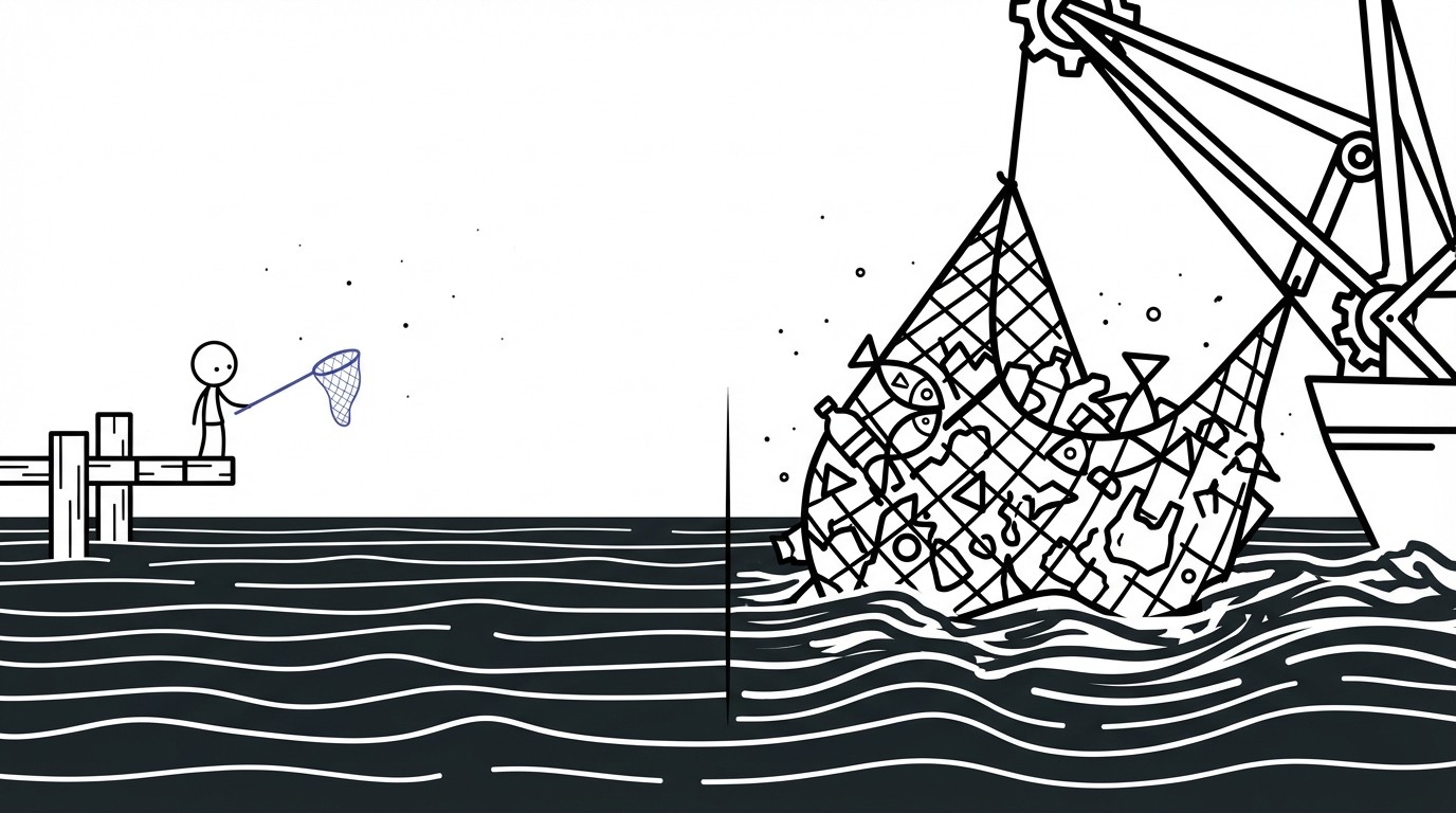An illustration comparing inbound and outbound marketing: a small, delicate net held by a person over a vast dark ocean versus a large, messy industrial trawler net dragging through the same ocean.
