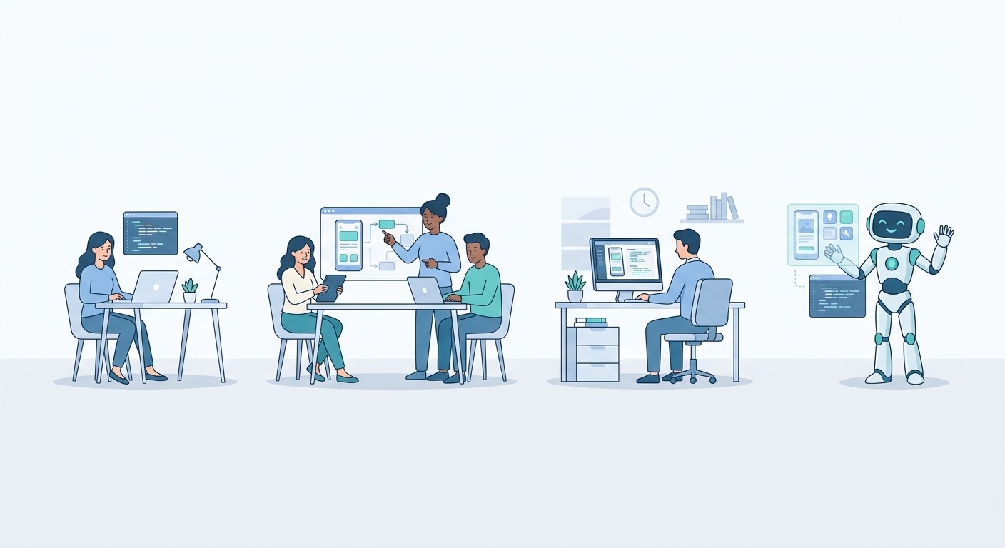 Illustration comparing four ways to build an iOS app: freelancer, agency, in-house team, and AI app builder