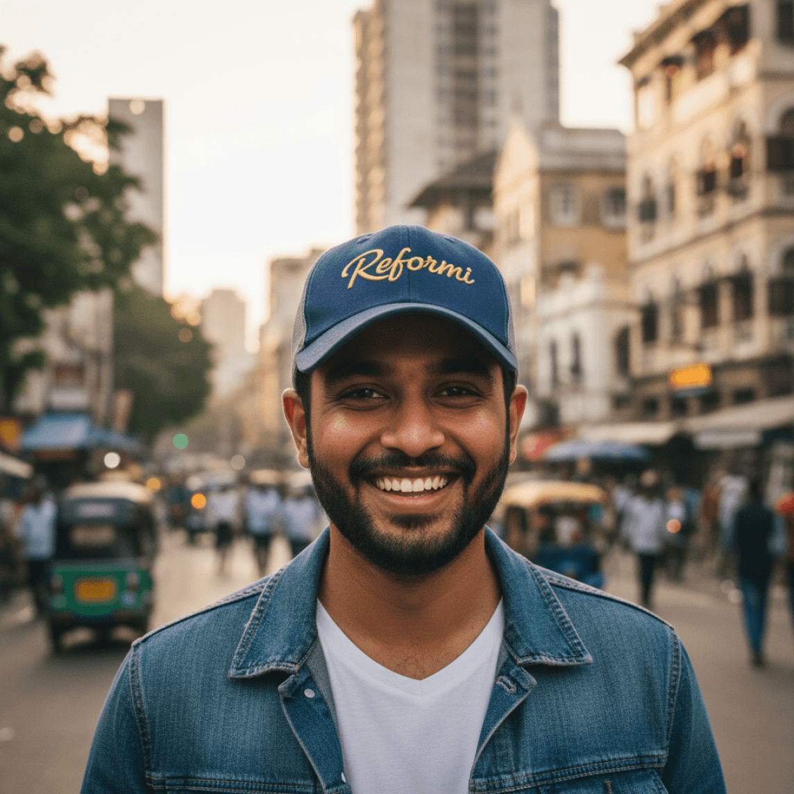 Man with brown skin wearing a baseball cap in the city
