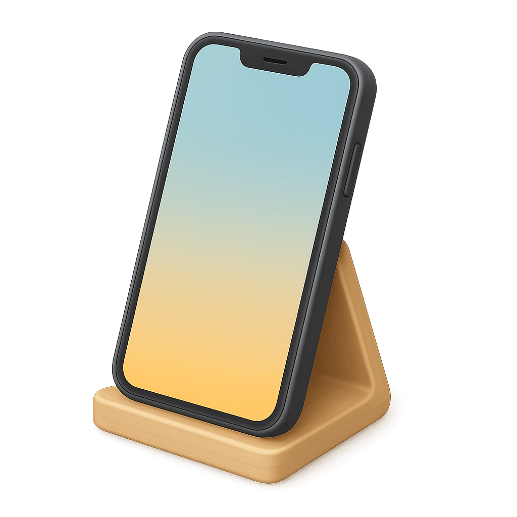 A smartphone with a black case is displayed vertically on a wooden stand against a black background. The screen shows a gradient from blue to yellow.