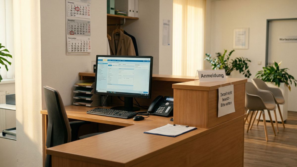 Leerer Pflegestützpunkt in einer Arztpraxis — Symbol für Fachkräftemangel im Gesundheitswesen	