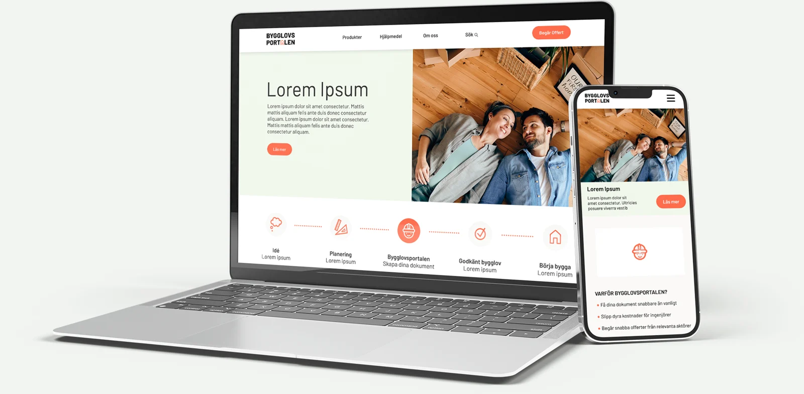 The redesigned Bygglovsportalen home page on a laptop and a phone
