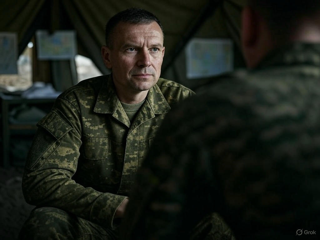 Military psychologist listening attentively during a counseling session inside a field tent.