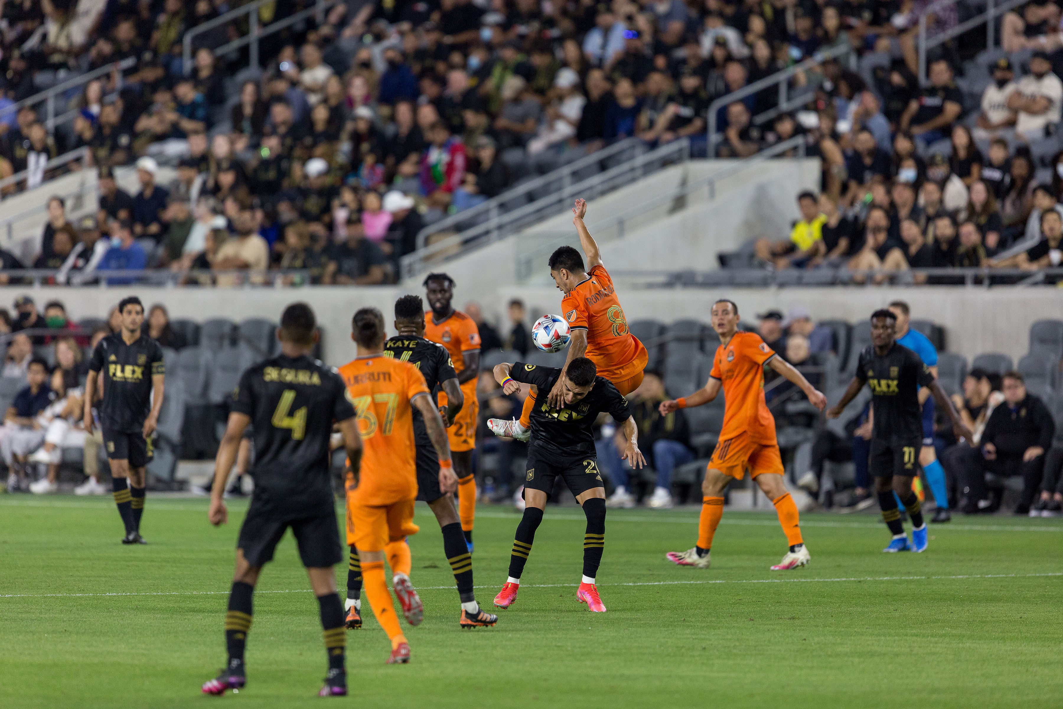 Eduard Atuesta, Carlos Vela, Eddie Segura LAFC players defensive play match day photos taken by Johnny Baru Media in Los Angeles CA on assignment for Urban Pitch