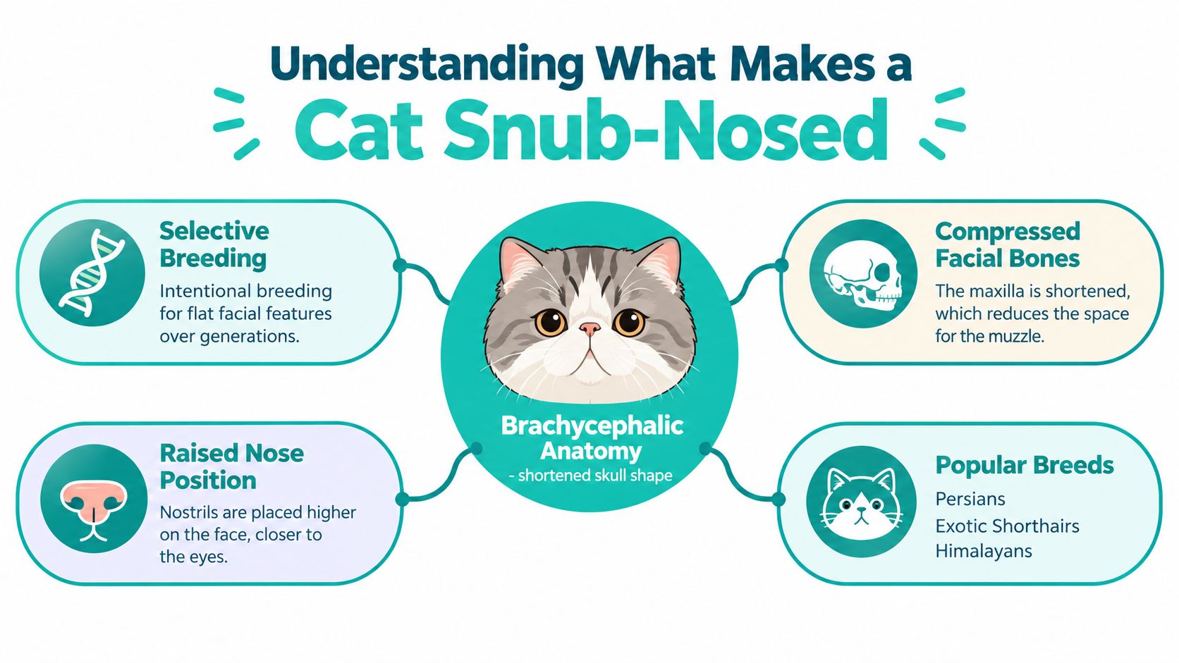 An infographic explaining the anatomical features and causes of snub-nosed or brachycephalic cat breeds.