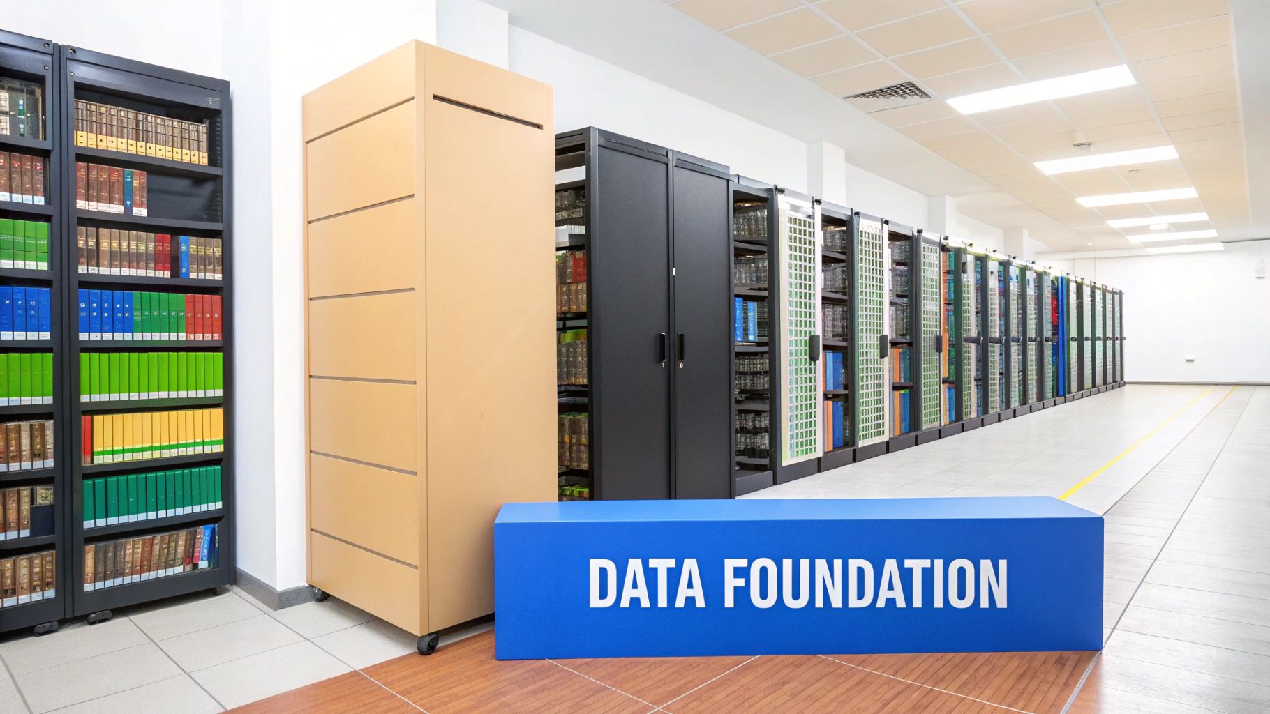Modern data center with rows of storage cabinets containing books and data media, featuring a 'DATA FOUNDATION' sign.