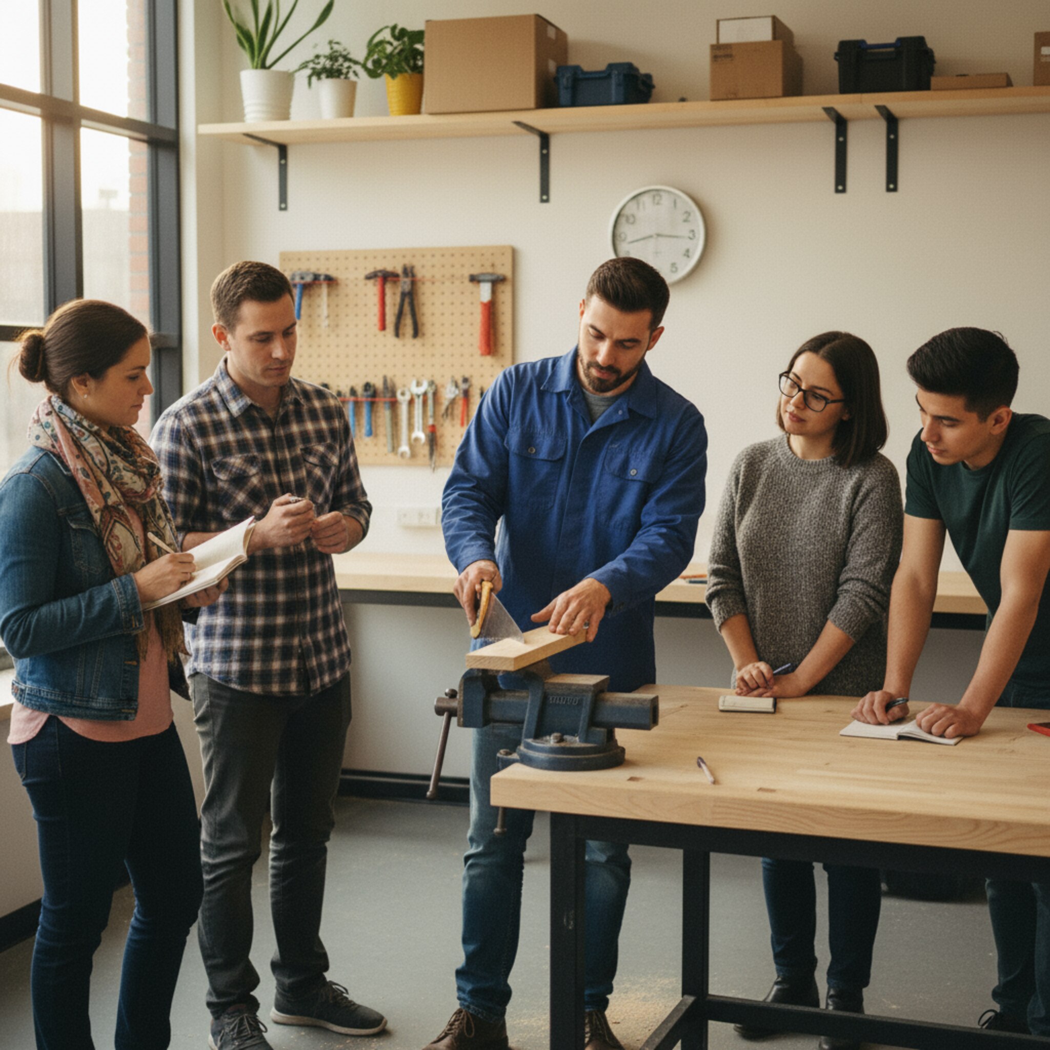 Ein kleiner Kreis steht um einen Schraubstock, der Trainer zeigt eine sichere Handhaltung beim Sägen. Notizblöcke und Stifte liegen bereit, eine Uhr an der Wand deutet auf einen strukturierten Ablauf. Helles Licht, klare Linien, aufgeräumte Umgebung. Die Stimmung ist aufmerksam und respektvoll.