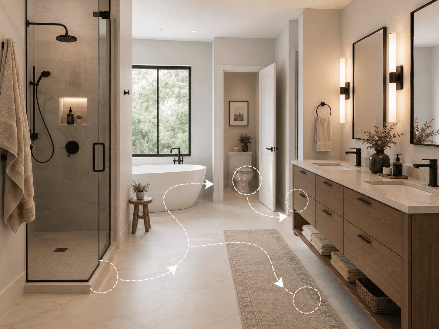 Bright remodeled bathroom with double vanity and shower