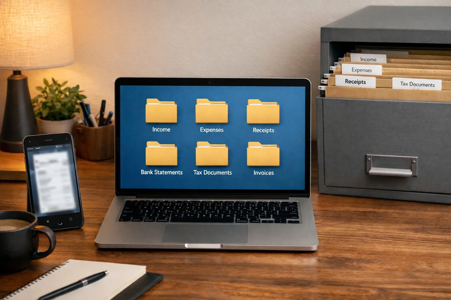 Modern workspace with a laptop showing organized financial folders, a phone displaying scanned receipts, and a filing cabinet with labeled folders for small business tax records.