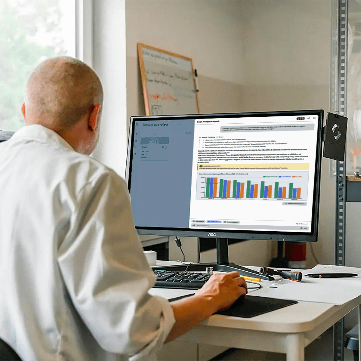 A man in a white lab coat working at a computer, viewing a 3D model on the screen in a laboratory or office setting.