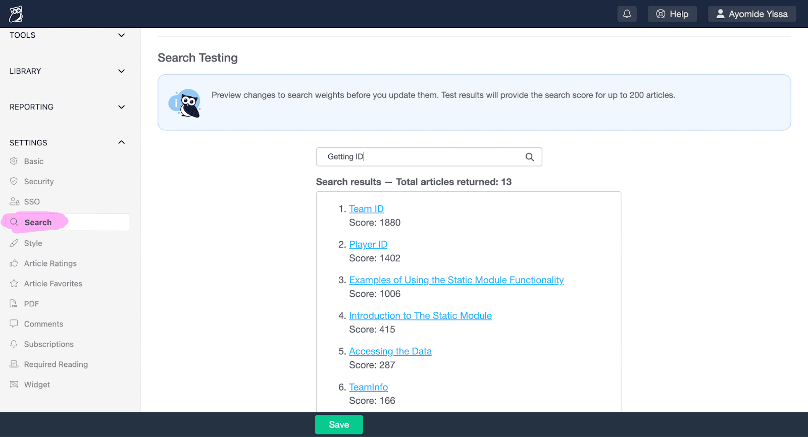 A screenshot of the Search Testing section of KnowledgeOwl's Search settings page.