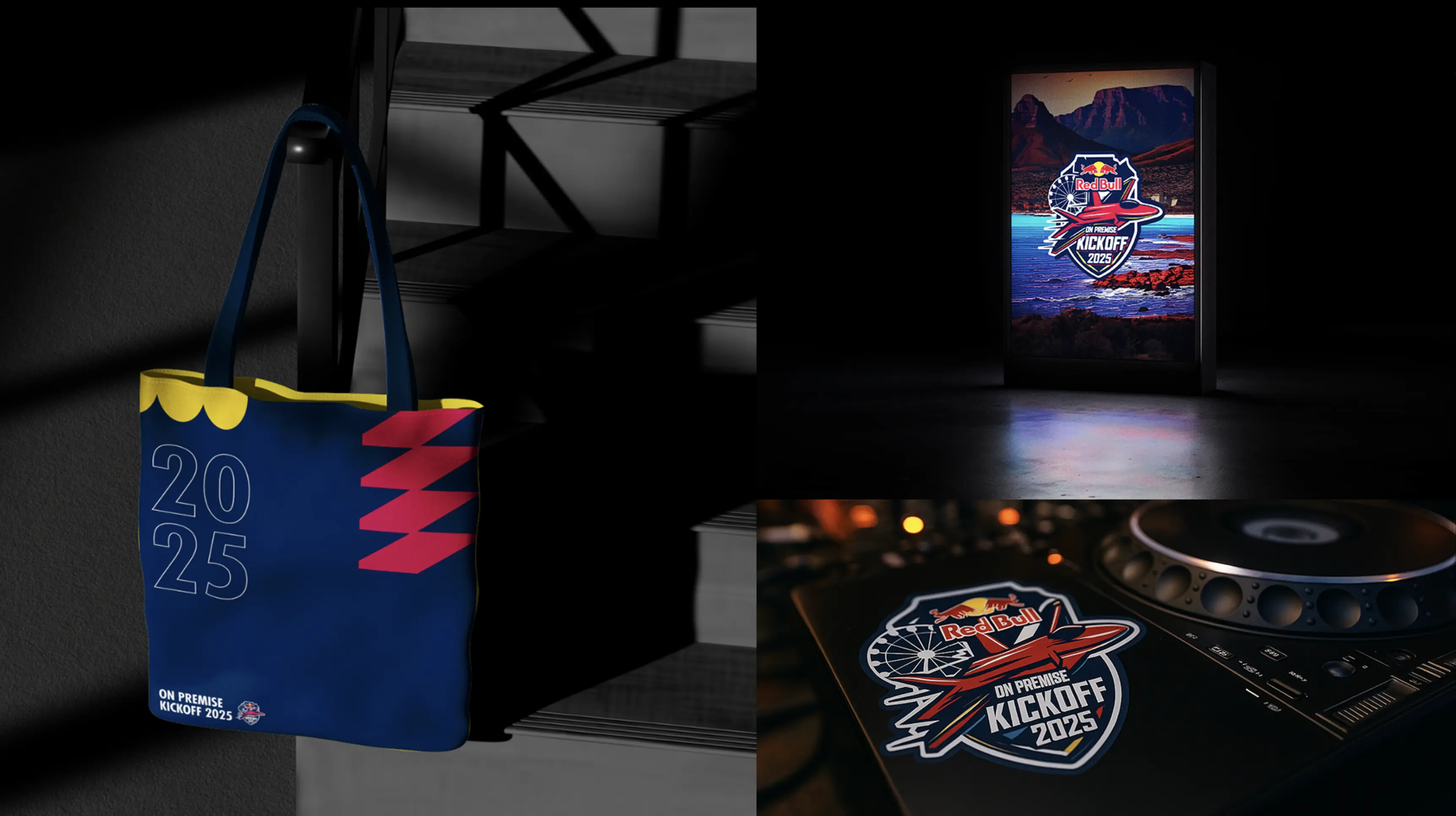 Branded Red Bull Kickoff tote bag, stickers, and screen mockup showcasing campaign visuals