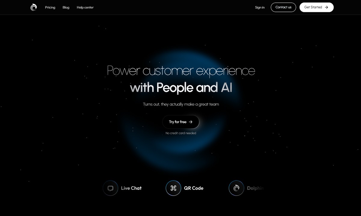 AskDolphin homepage hero showing the message ‘Power customer experience with People and AI’ and a Try for Free button.