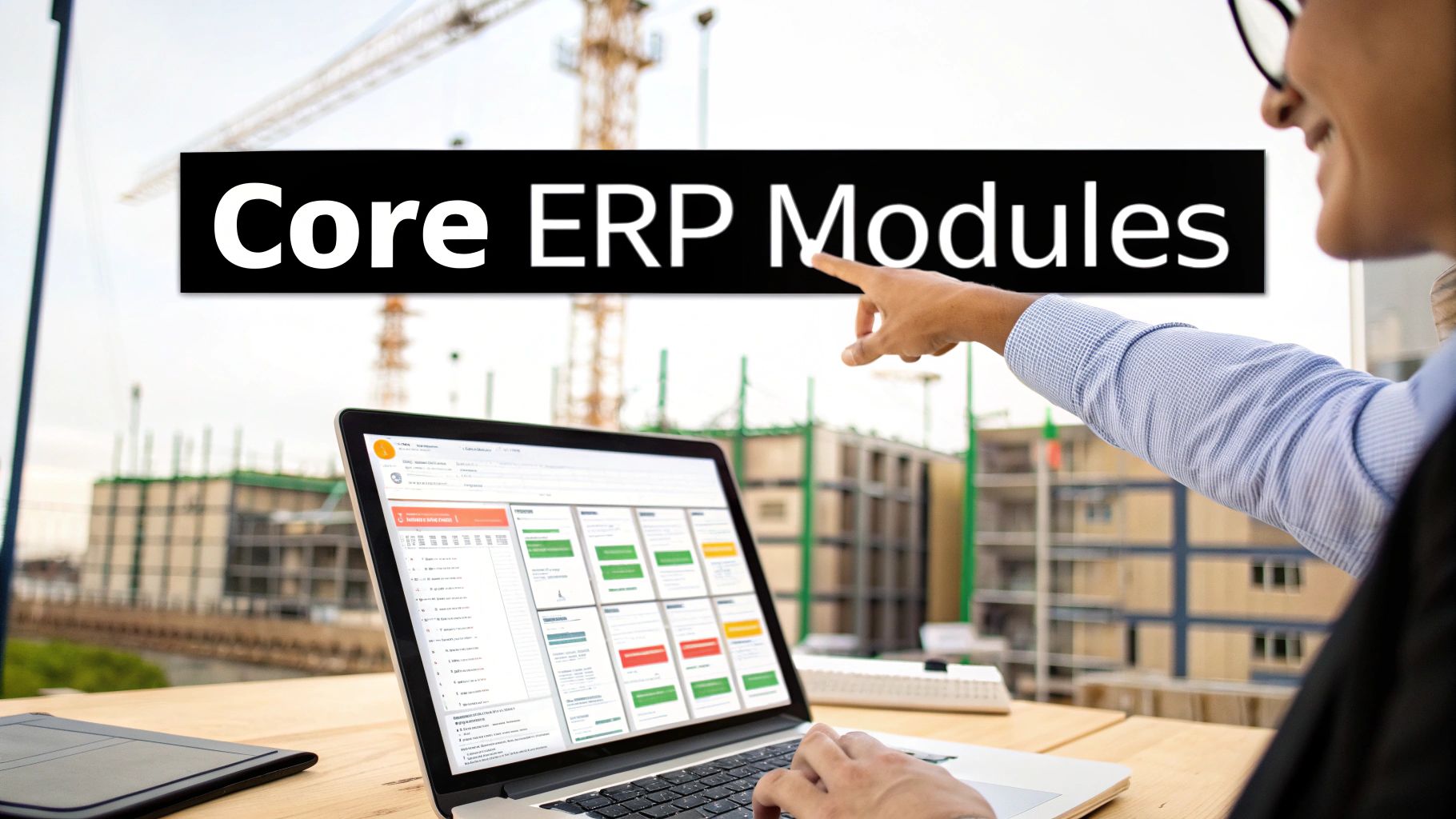 Person pointing to 'Core ERP Modules' text above a laptop on a construction site.