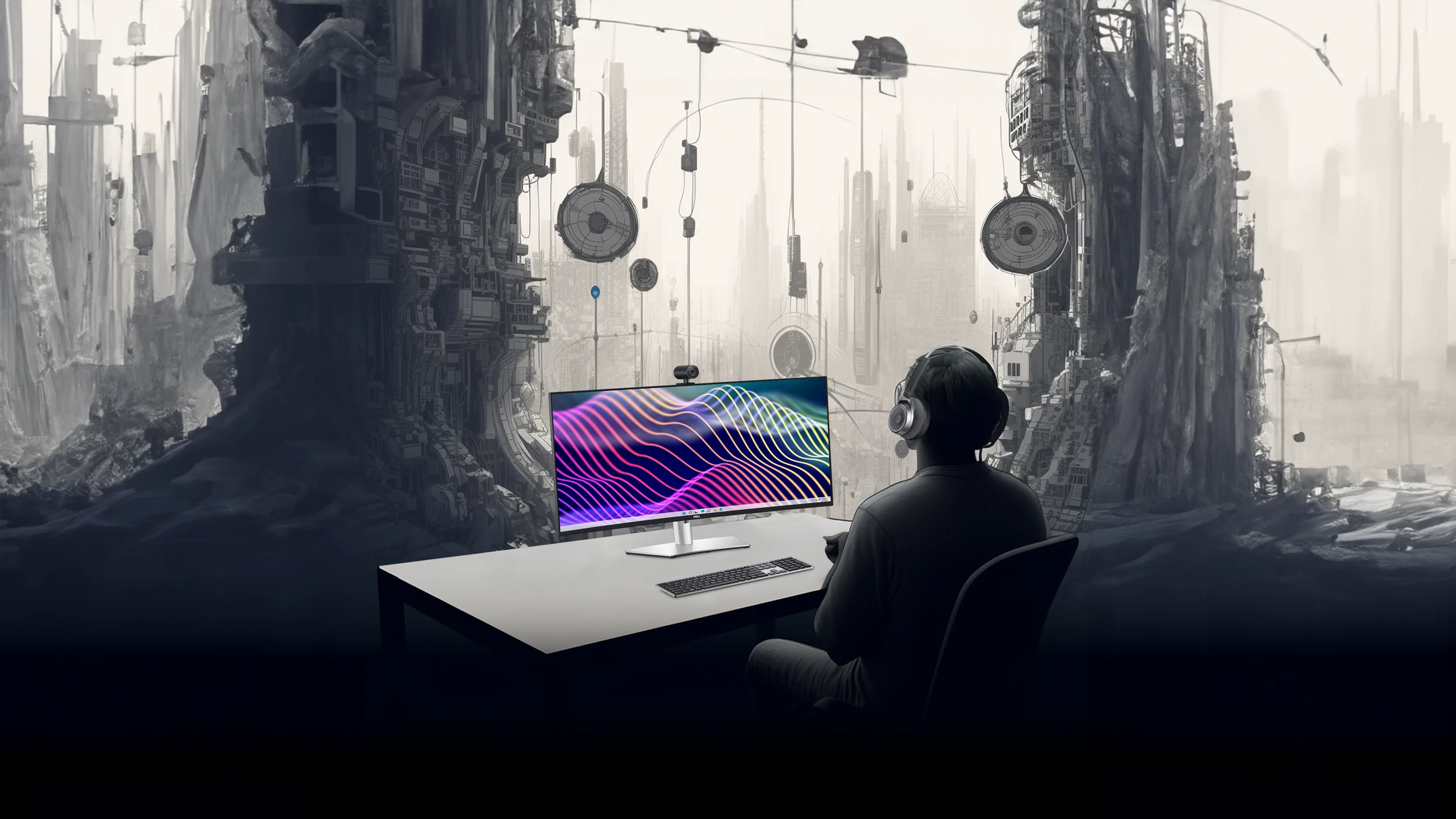 Concept rendering: a person at a Dell monitor in a monochrome, futuristic workspace.