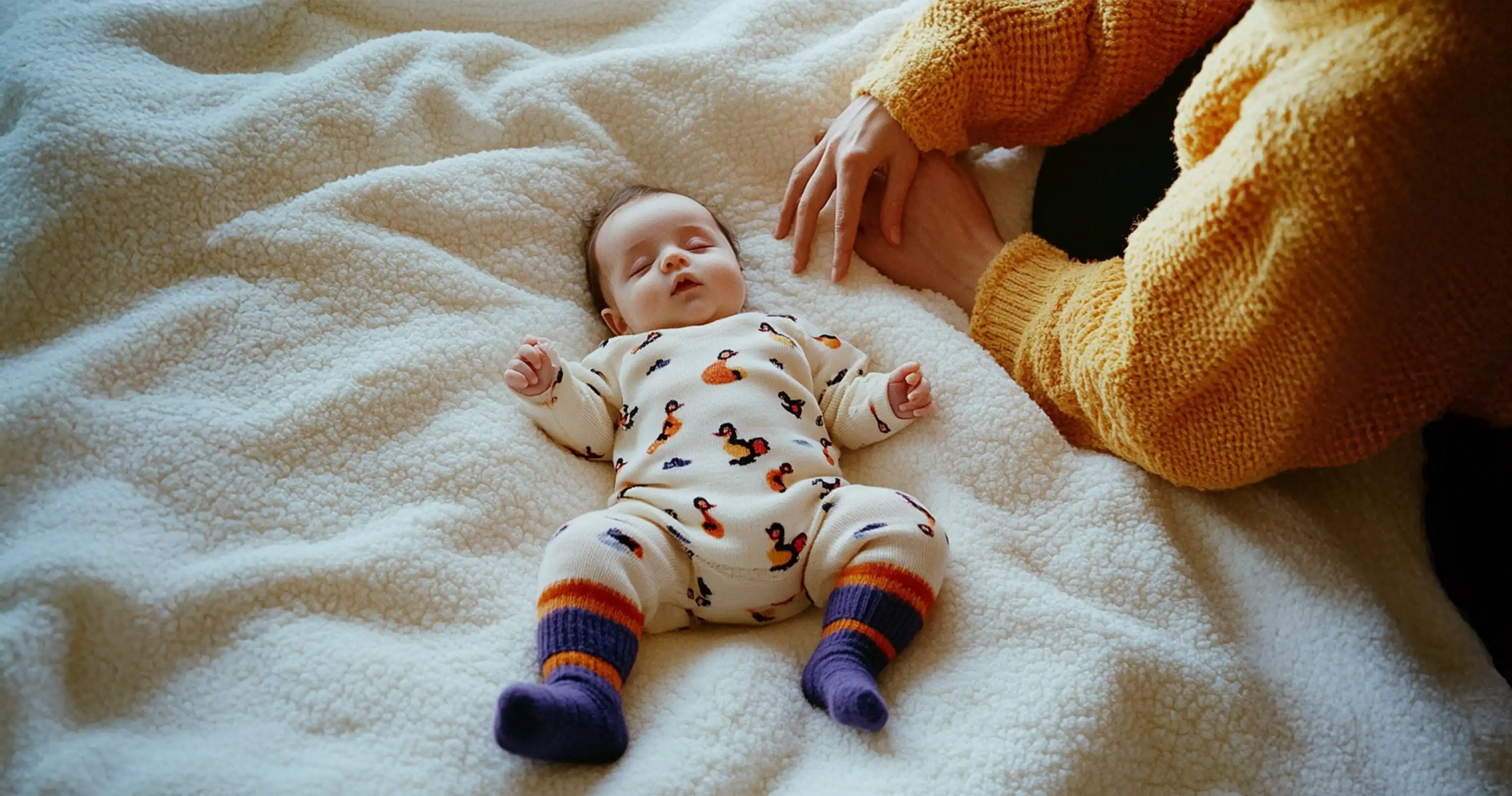 A peacefully sleeping infant on a soft blanket, with a caring nanny nearby, showcasing expert and nurturing infant care.