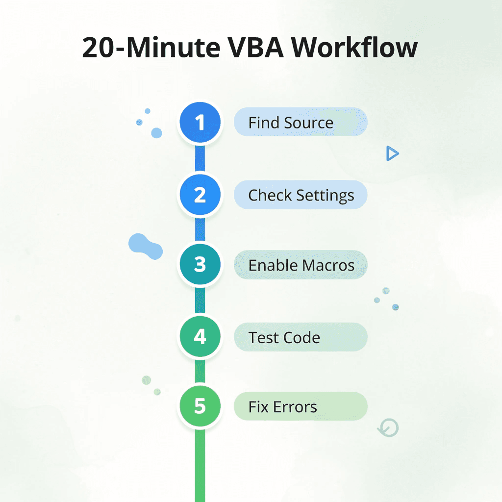  Numbered steps infographic showing the 20-minute VBA workflow sequence