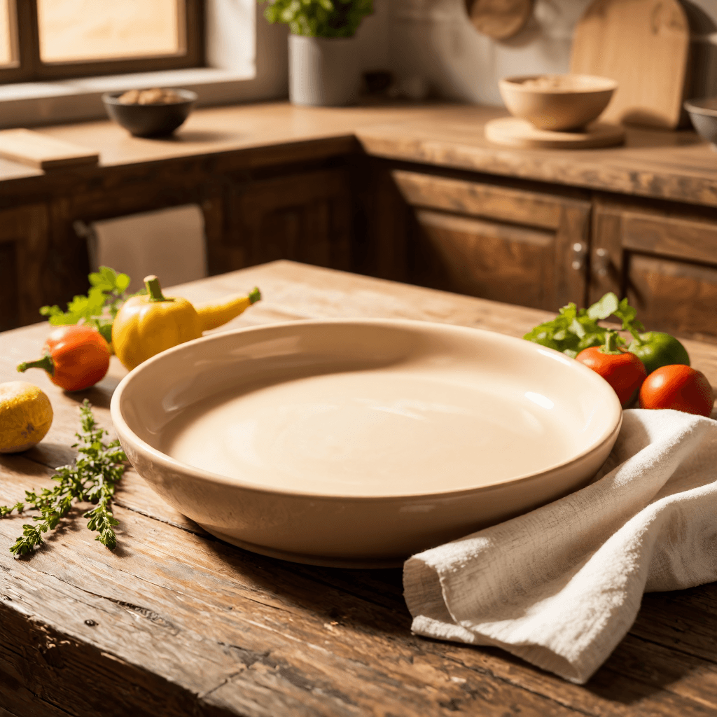product photography of a shallow dish with a central hole, typically used for draining or serving food