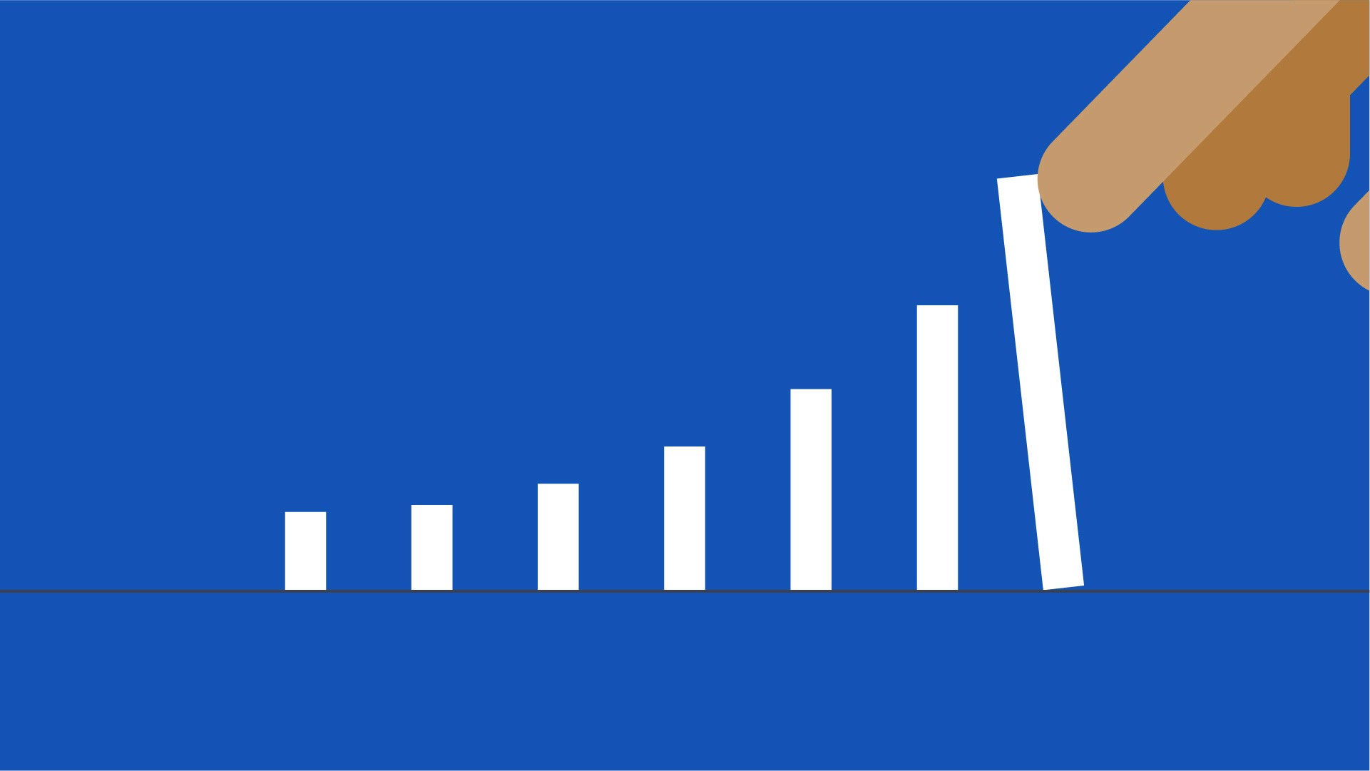 Vector illustration of hand pushing on a bar chart like it would be domino stones.