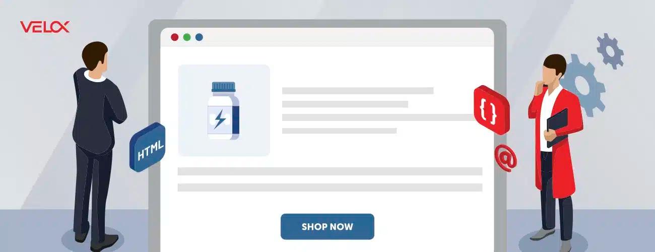 Characters standing in front of a computer screen with a medication bottle on a webpage