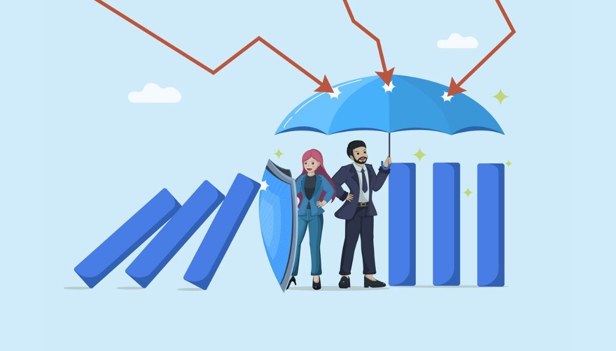 Illustration of two professionals standing among bar‑chart columns, using a shield and umbrella to protect against falling bars and downward arrows, symbolizing risk types and management strategies.