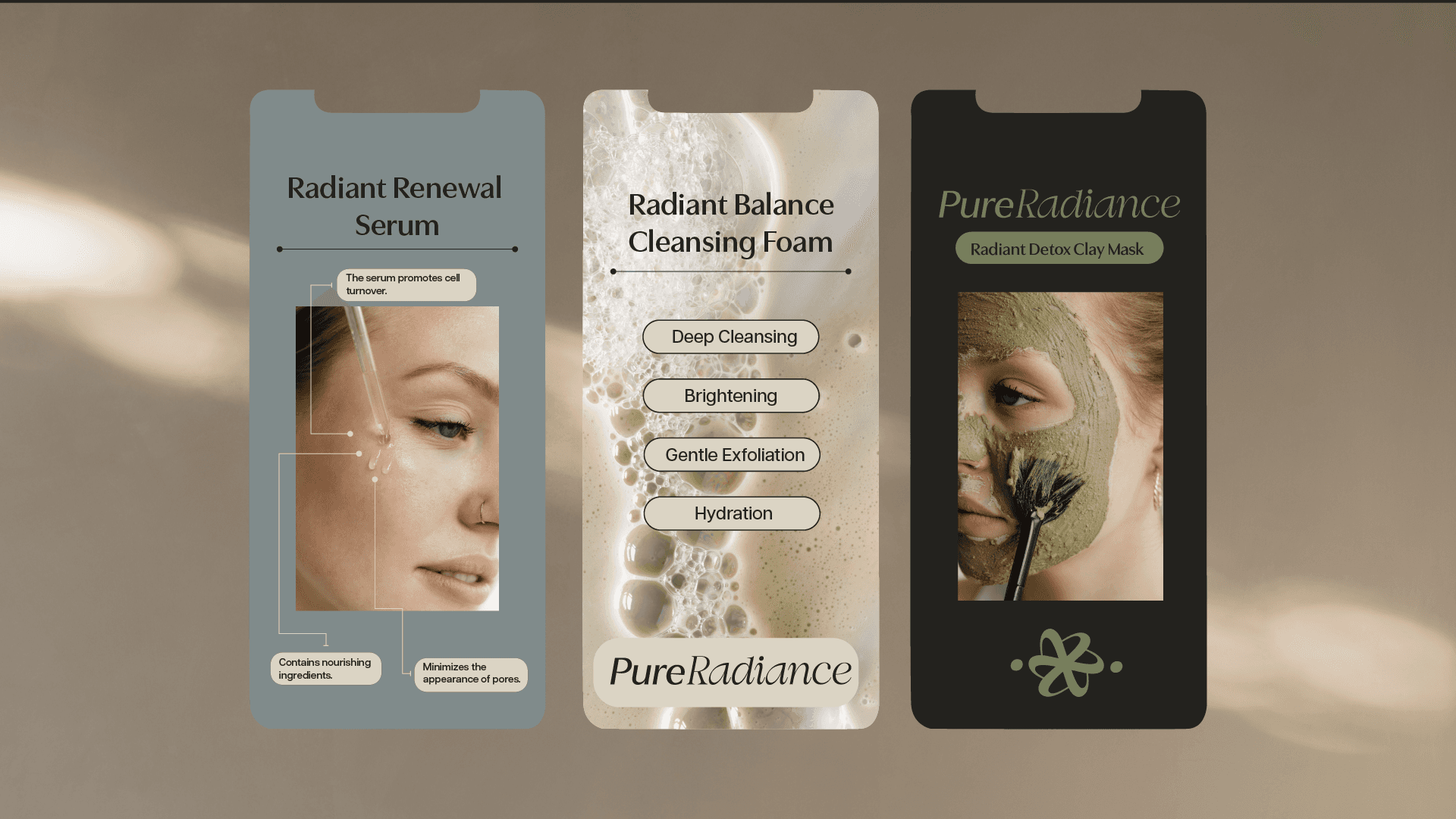 Three skincare social templates are displayed on a beige surface, with soft lighting highlighting their designs.