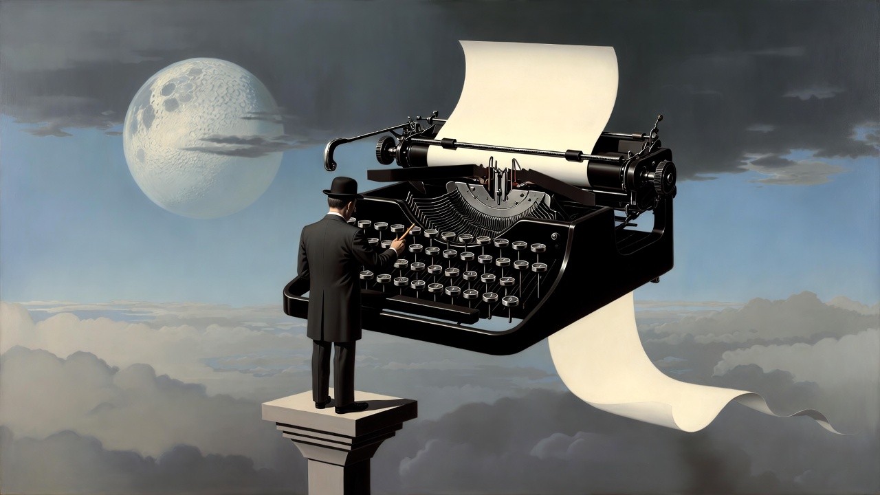 Vintage typewriter with digital elements representing the fusion of traditional project management and modern AI prompt engineering