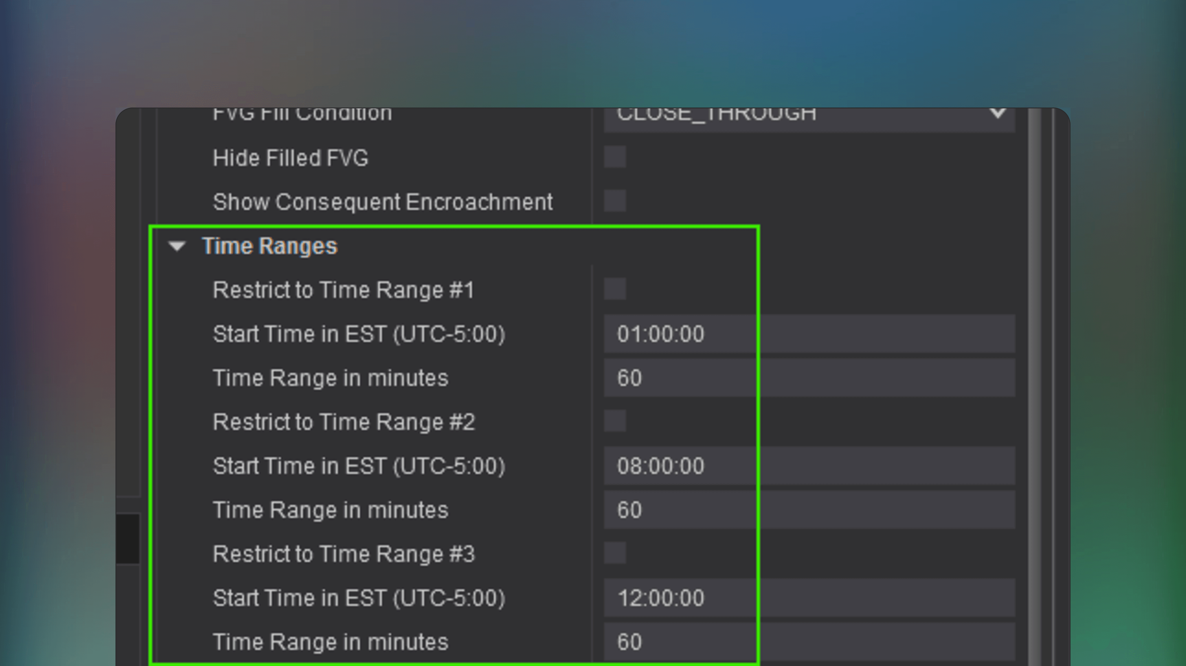NinjaTrader chart displaying the Fair Value Gap indicator with rectangular zones highlighting market imbalances on price bars. The visual shows gaps formed by three aligned bars where the wicks of the first and third bars do not overlap.