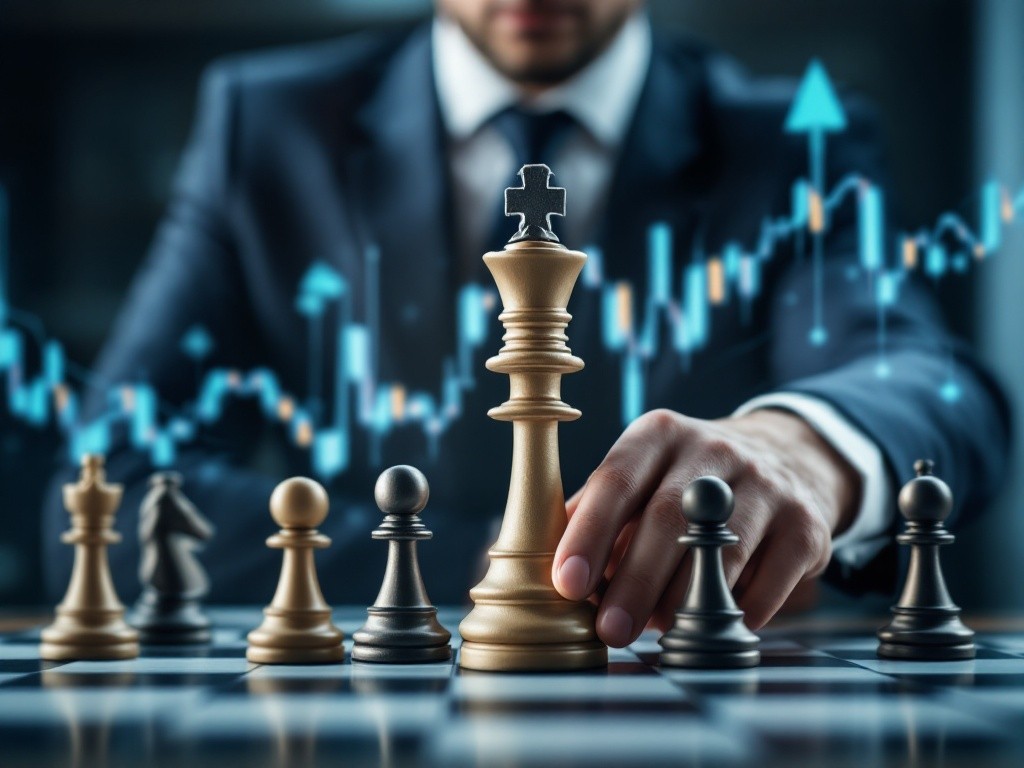 A businessman is playing chess, with a graph in the background showing upward trends.