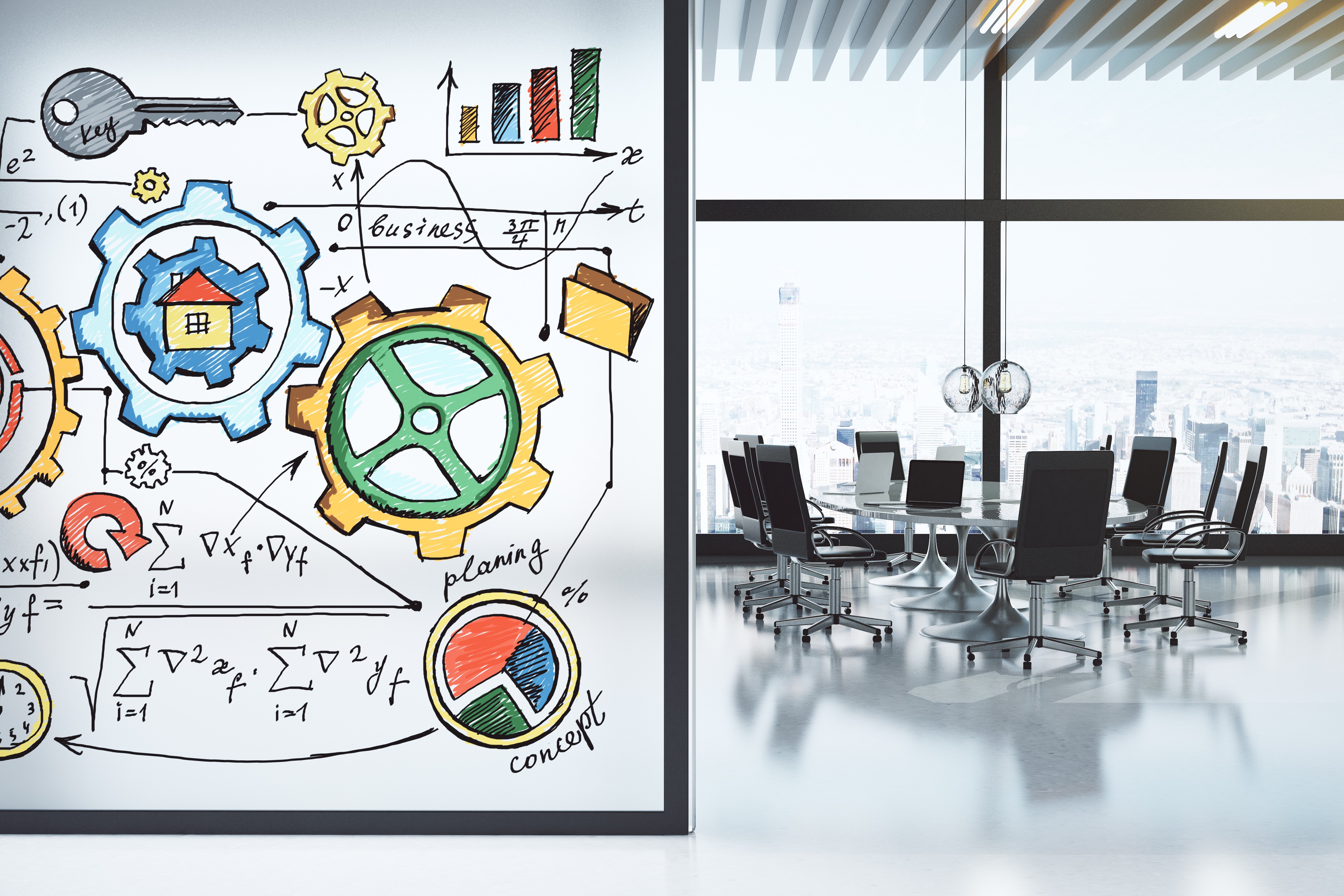 A modern conference room with floor-to-ceiling city views, beside a whiteboard illustration of interconnected gears and business planning concepts representing a marketing system