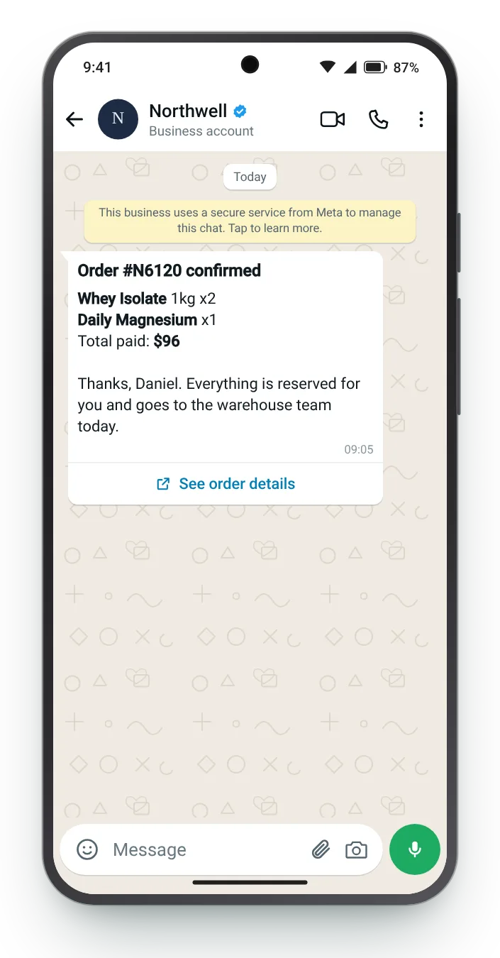 Every line of the basket, listed: WhatsApp order confirmation on an Android phone