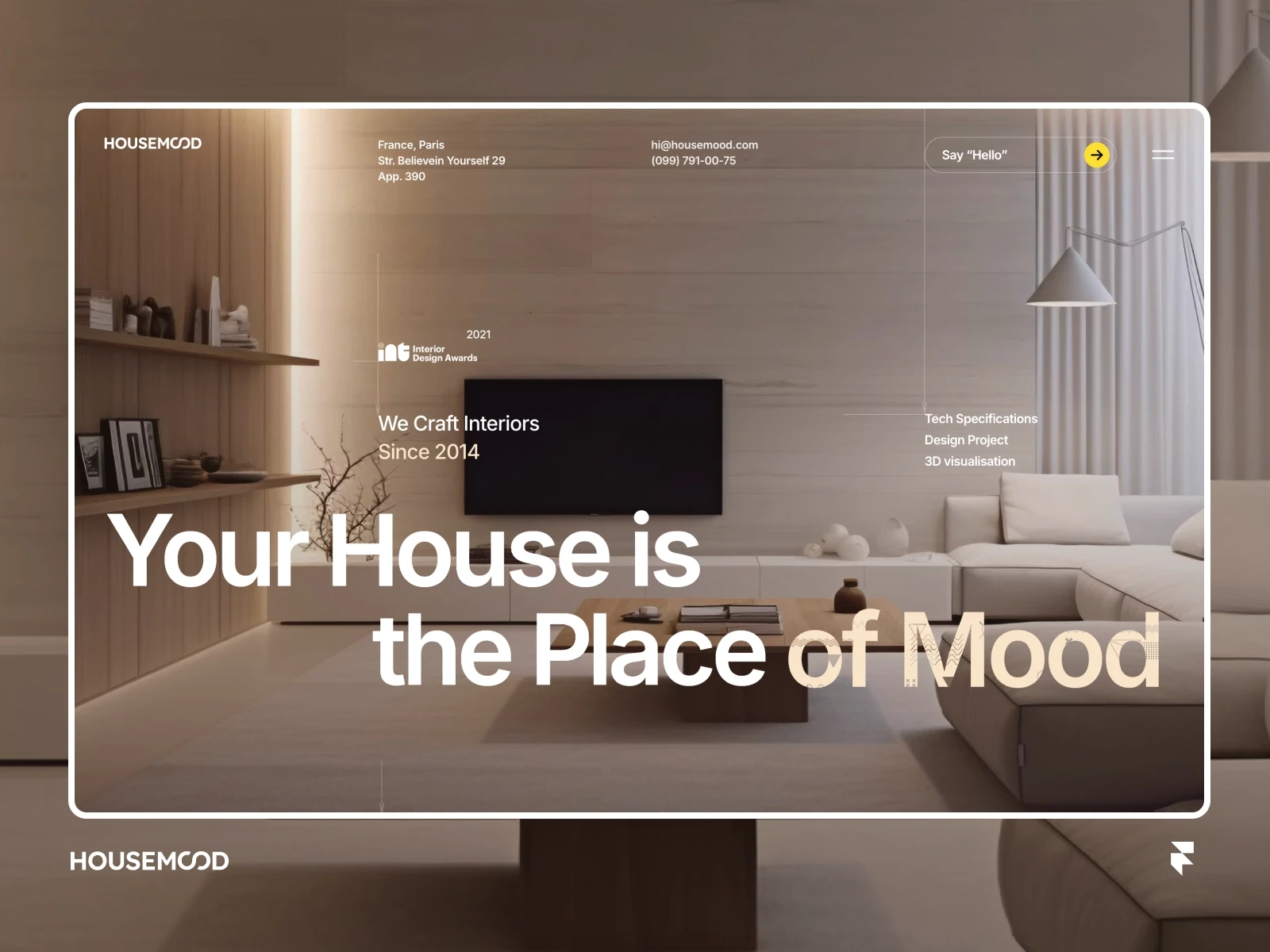 Housemood interior design website template featuring a modern beige living room and large text.